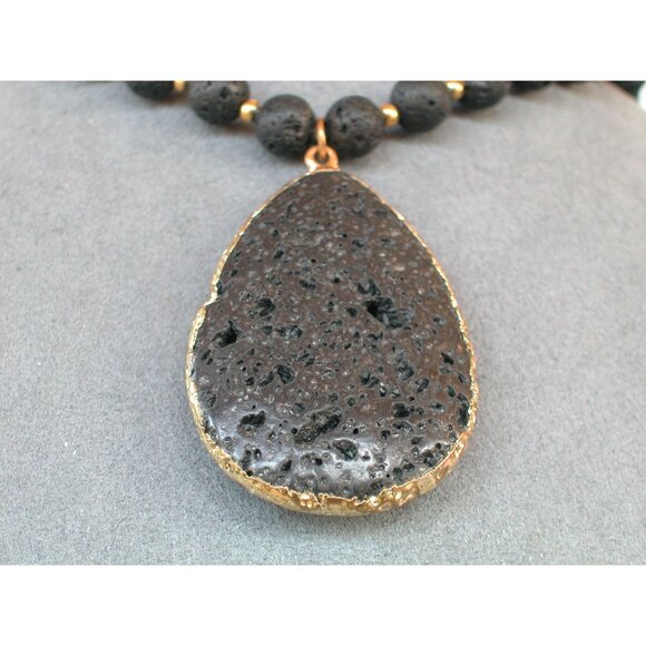 Black Lava Rock Necklace With Gold Trimmed Teardrop Pendant 30" - Picture 2 of 3